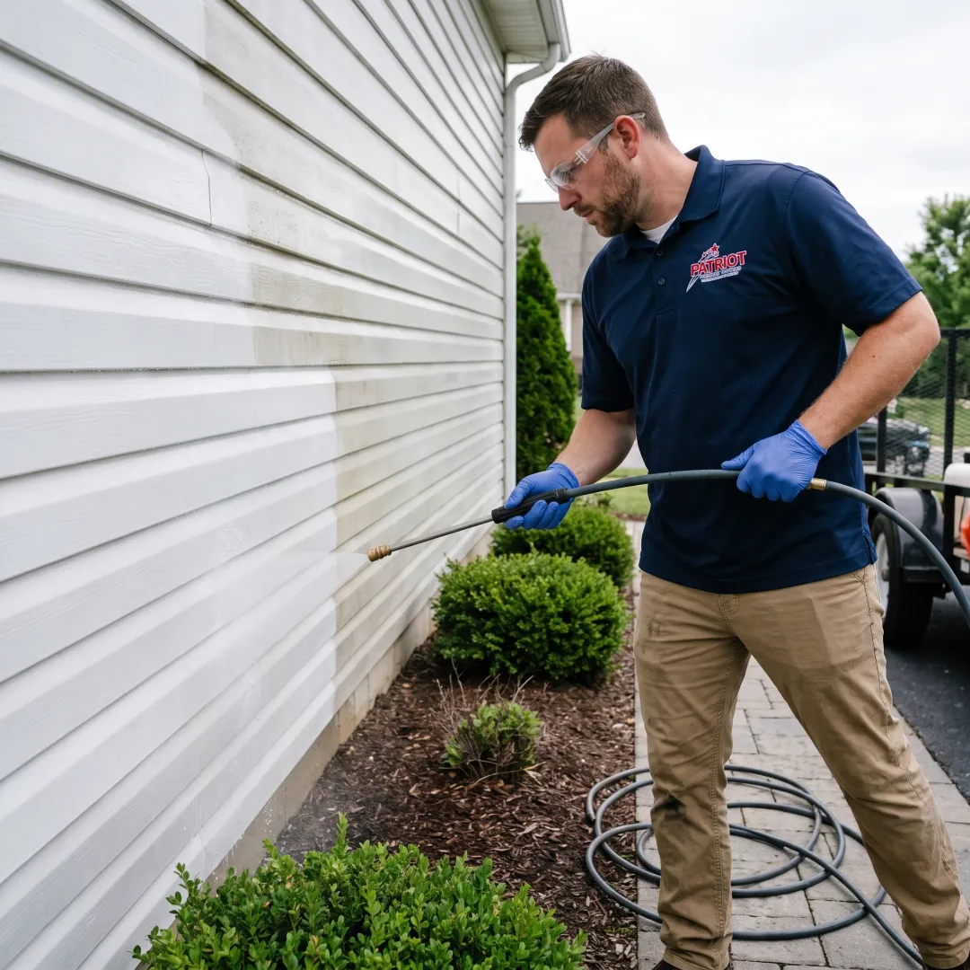 Exterior cleaner treating residential siding