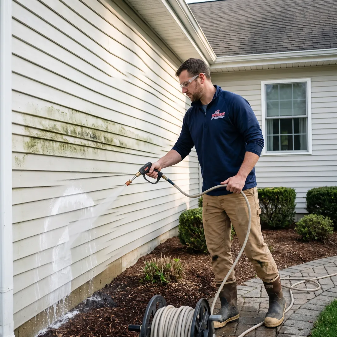 Soft washing equipment cleaning exterior siding