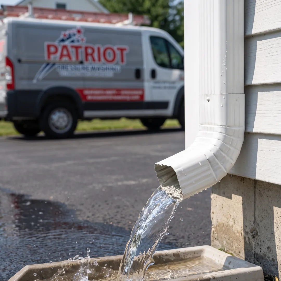 Clean residential gutter flowing into downspout