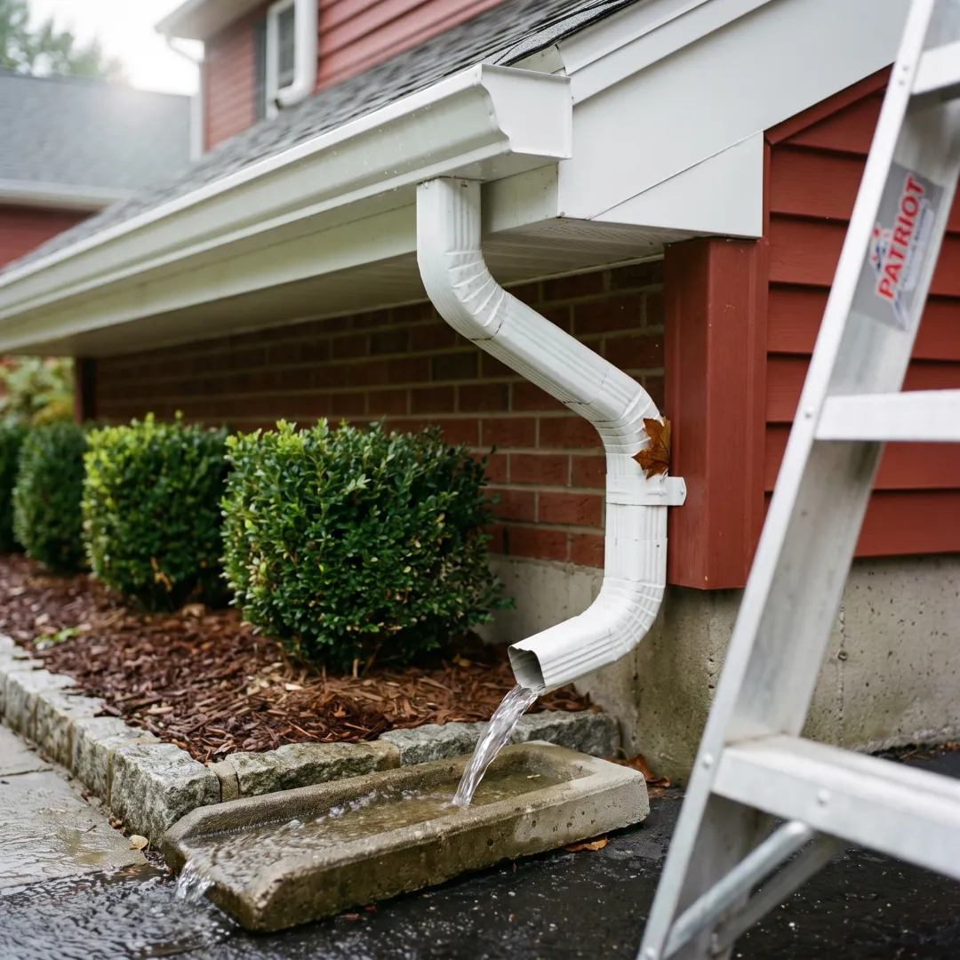 Clean gutter flowing into a downspout