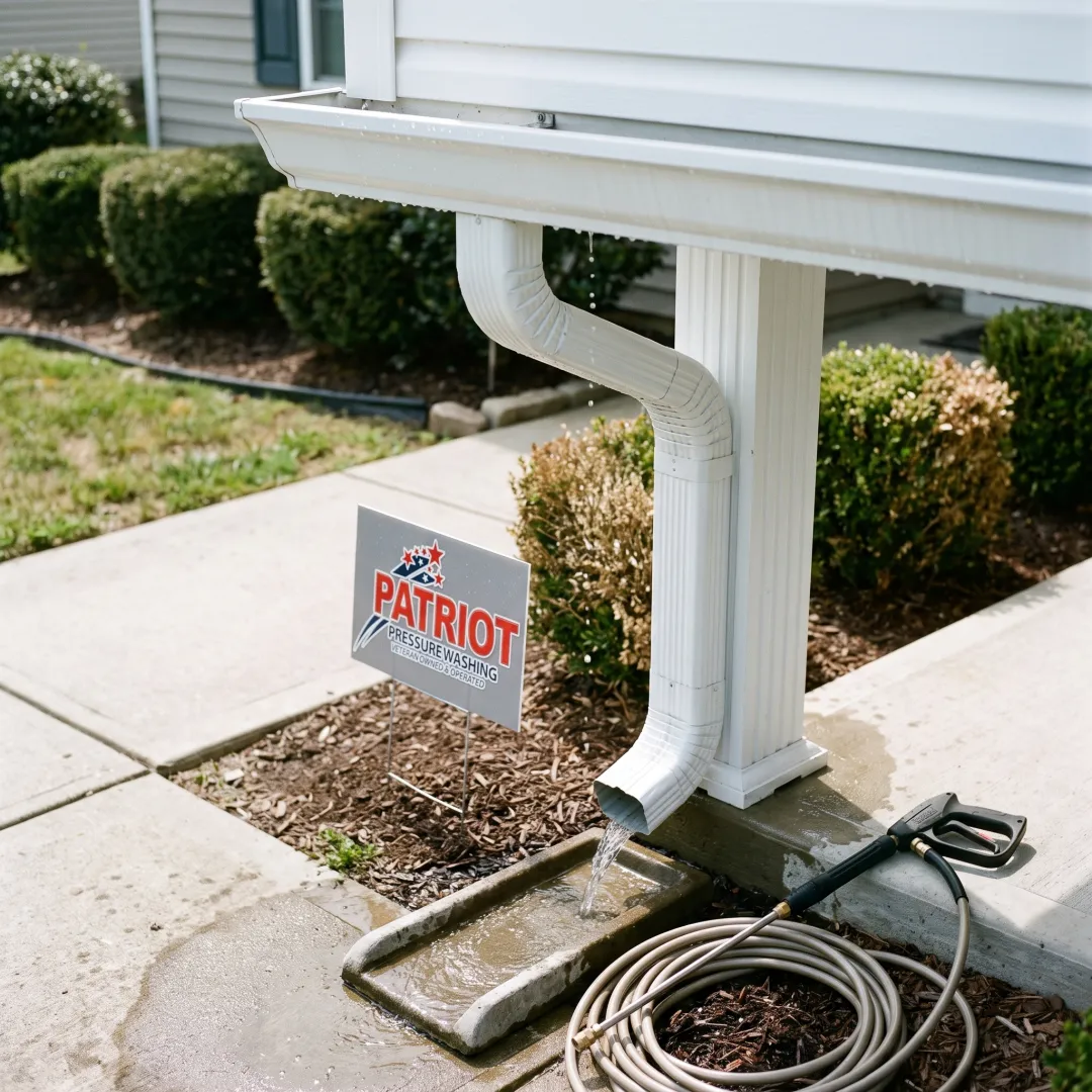 Clean gutter and downspout draining beside a home
