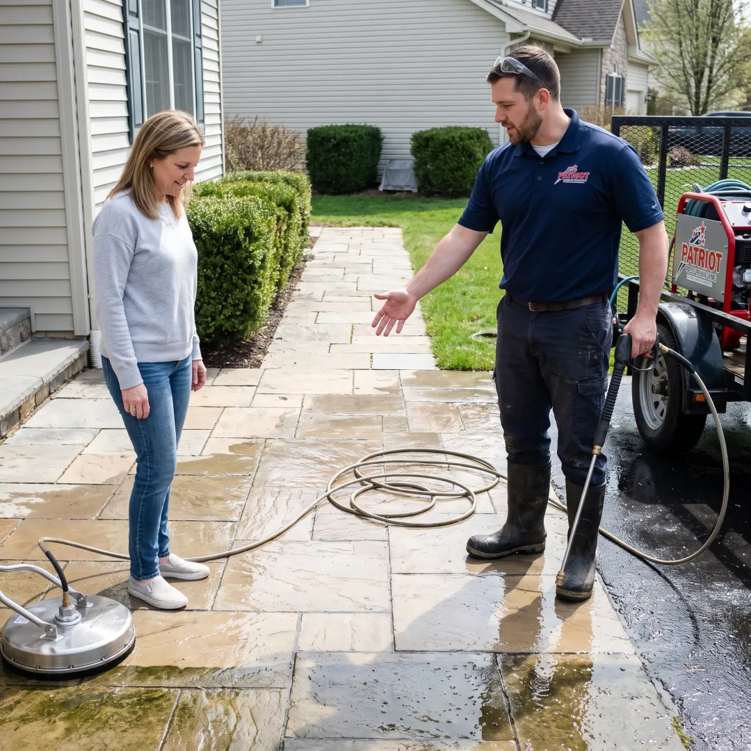 Exterior cleaner reviewing a freshly washed patio