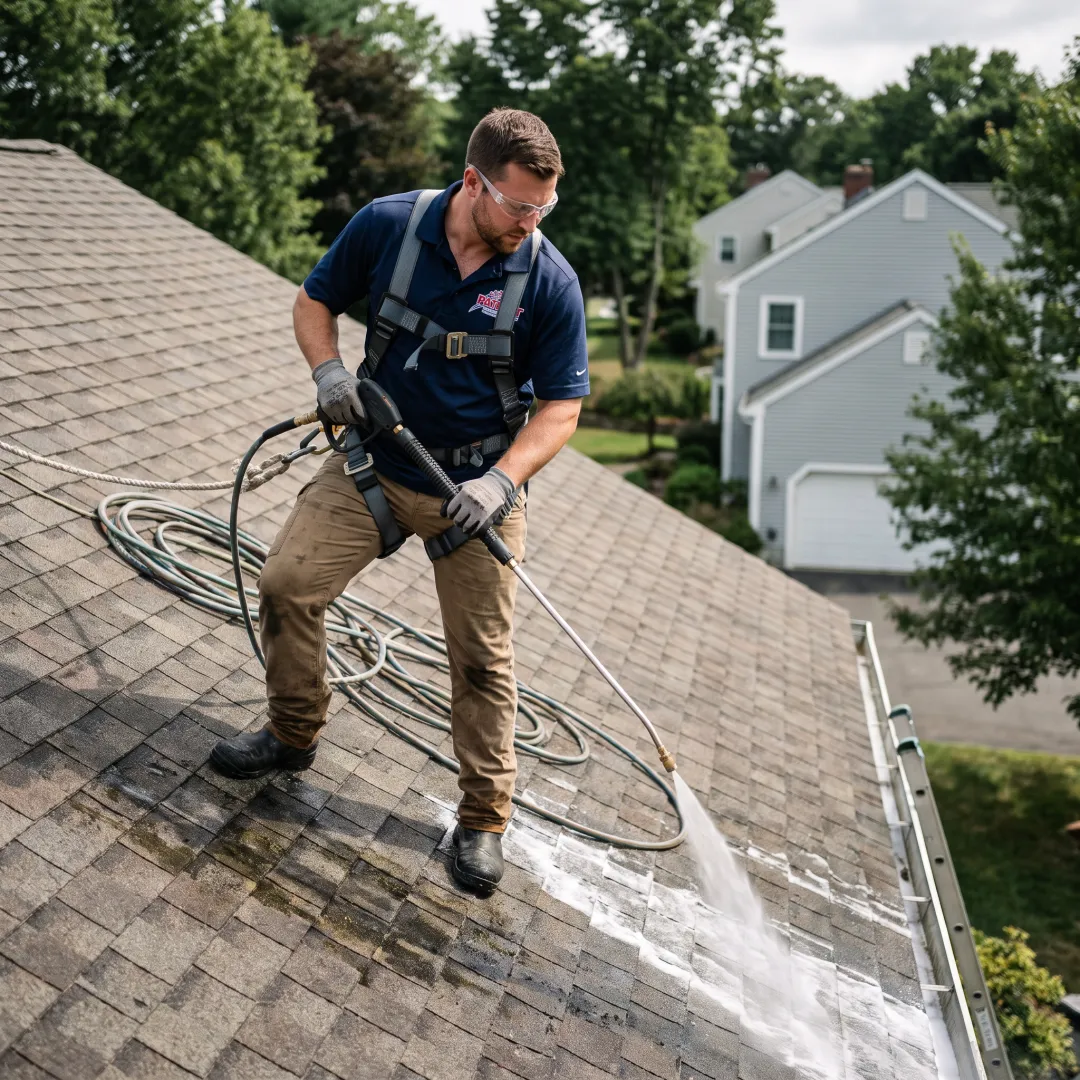 Soft washing solution applied to a roof