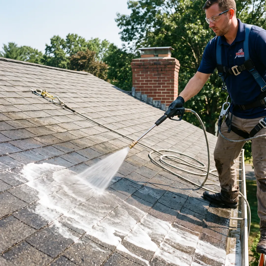 Soft wash treatment applied to a residential roof