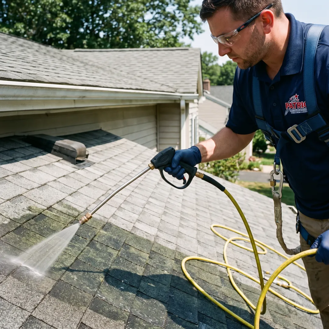 Low-pressure roof cleaning treatment