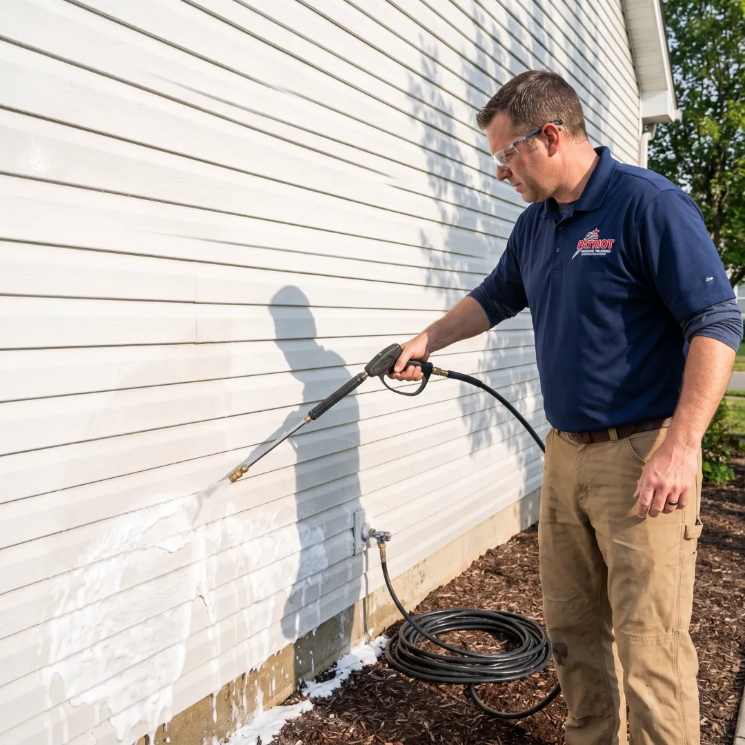 Exterior cleaning technician treating home siding