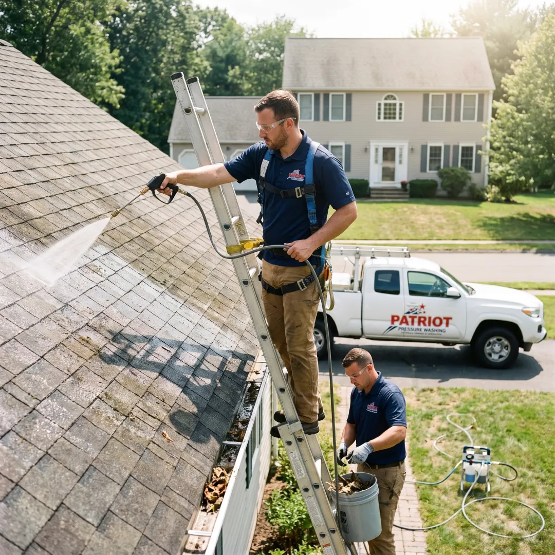 Soft washing a residential roof and cleaning gutters