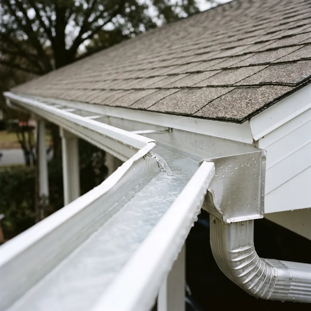 Clean gutter channel flowing into a downspout