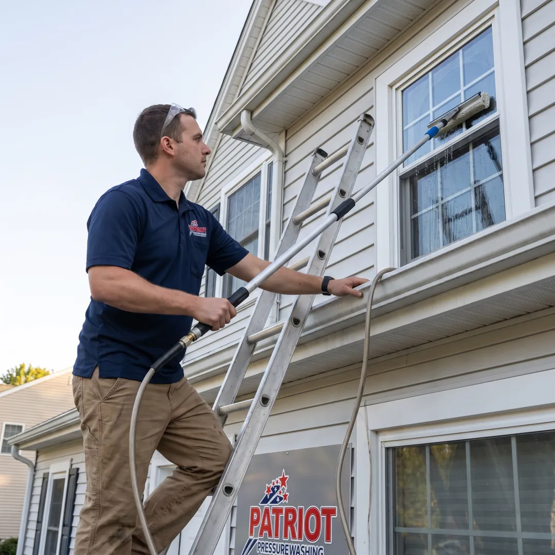 Exterior cleaning professional servicing windows and gutters