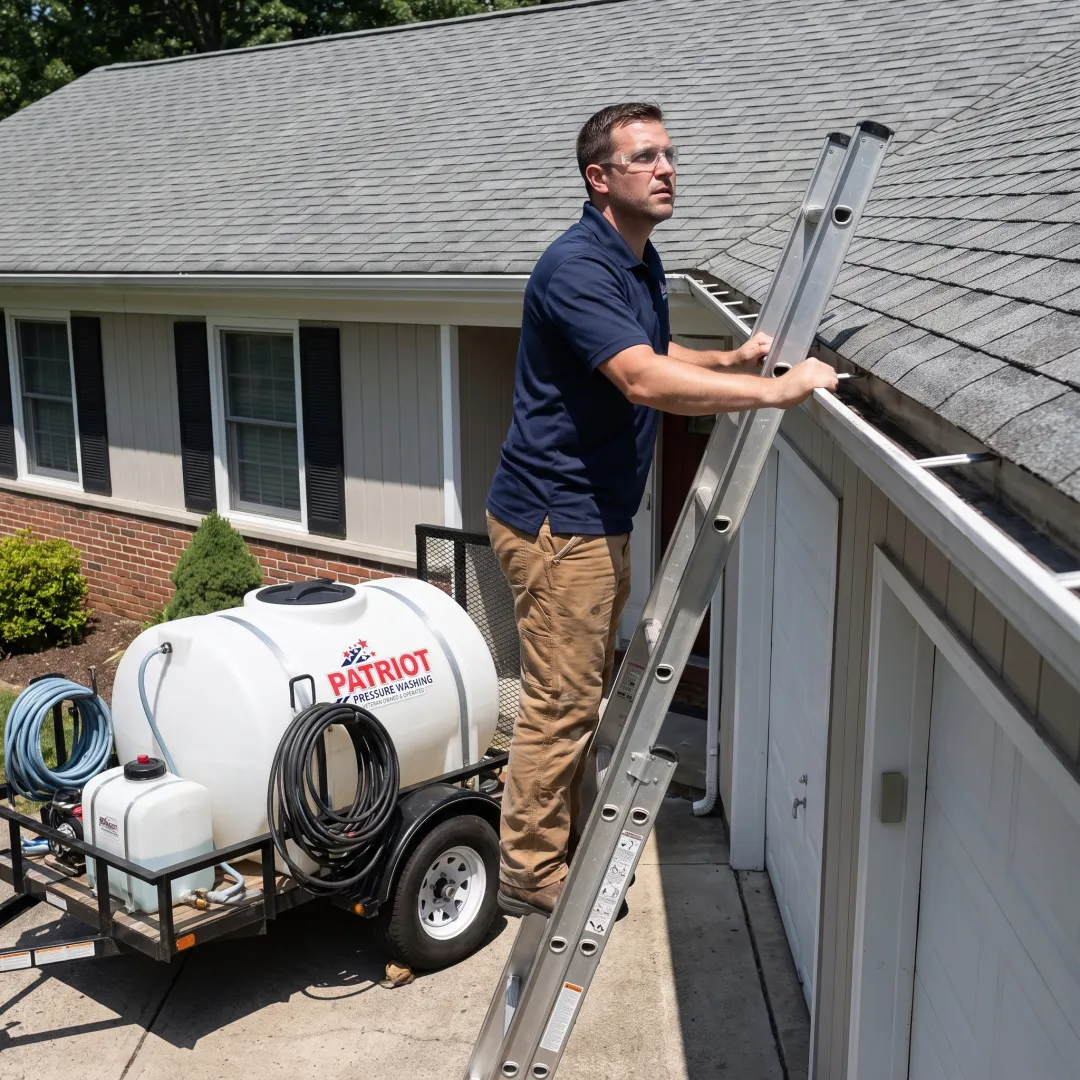 Roof cleaner inspecting shingles before soft washing
