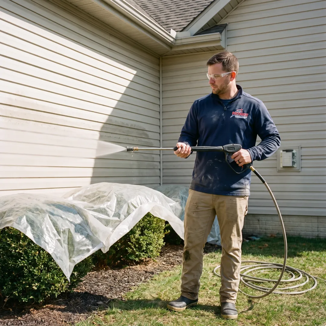 Technician soft washing residential siding