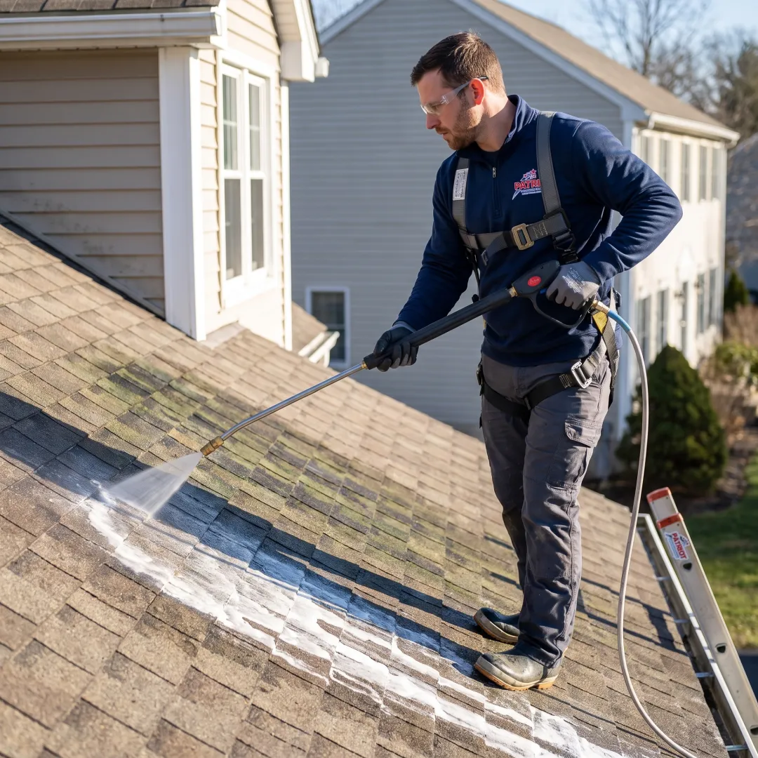 Low-pressure roof cleaning in progress