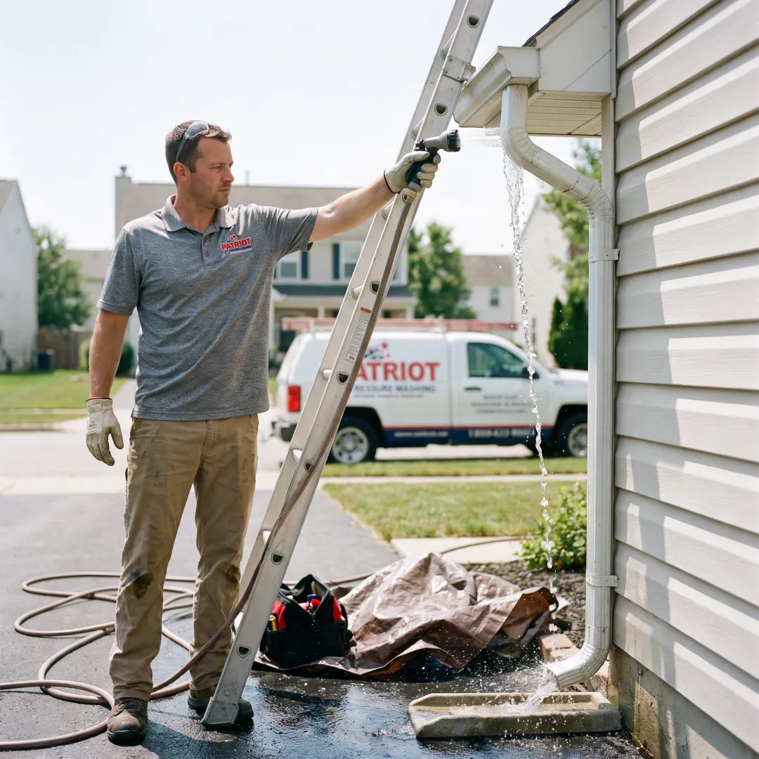 Technician flushing a residential gutter downspout