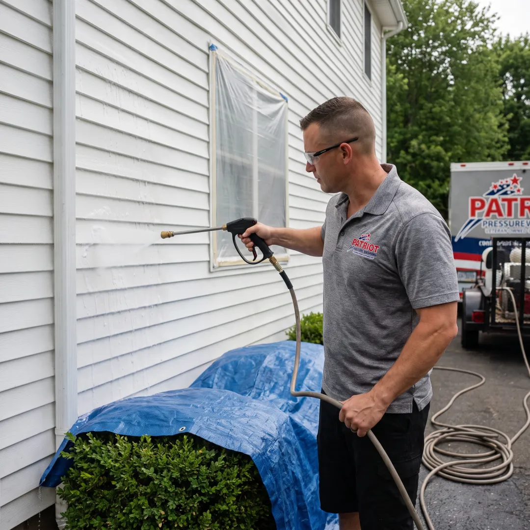 Exterior cleaning technician washing home siding