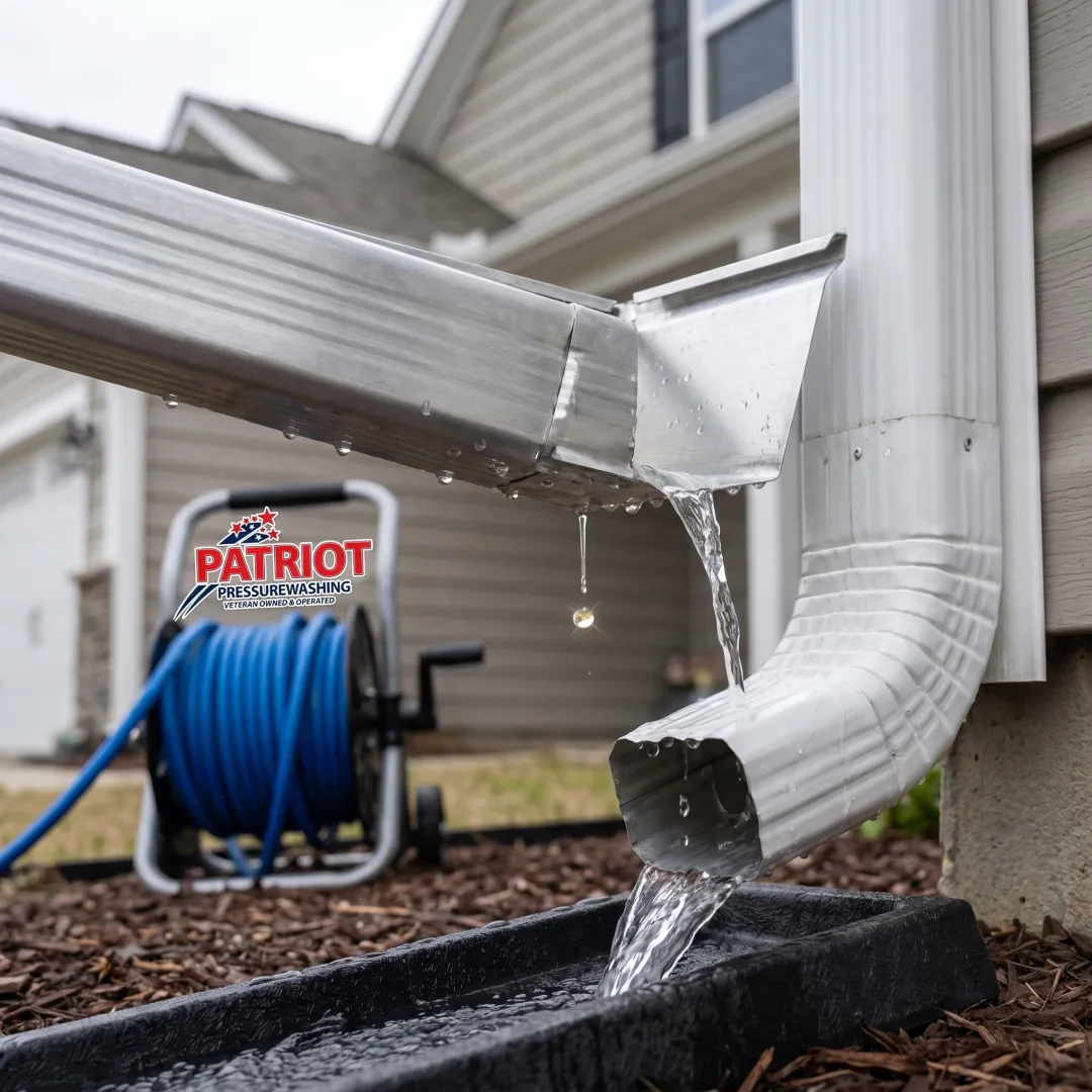 Clean gutter flowing through a downspout