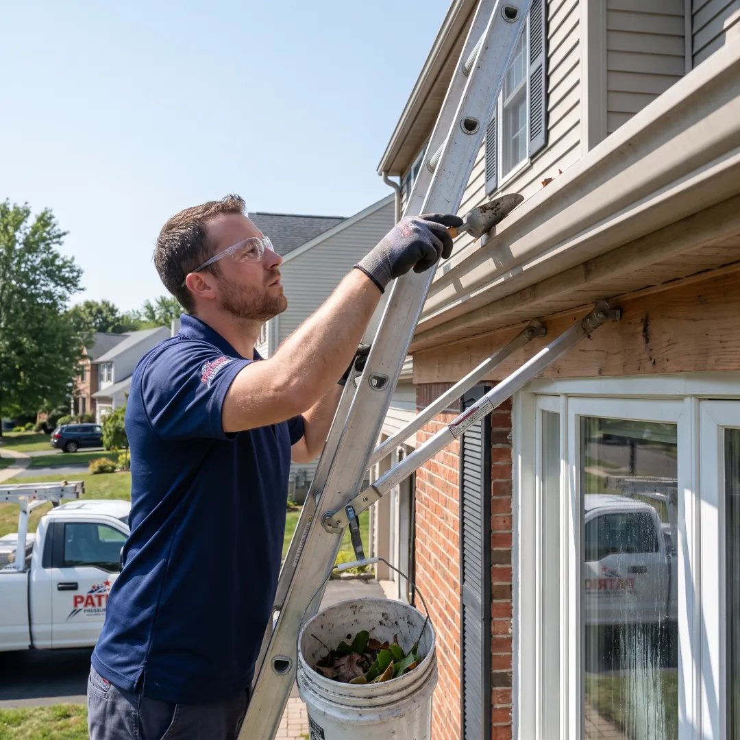 Exterior cleaner servicing roofline and windows