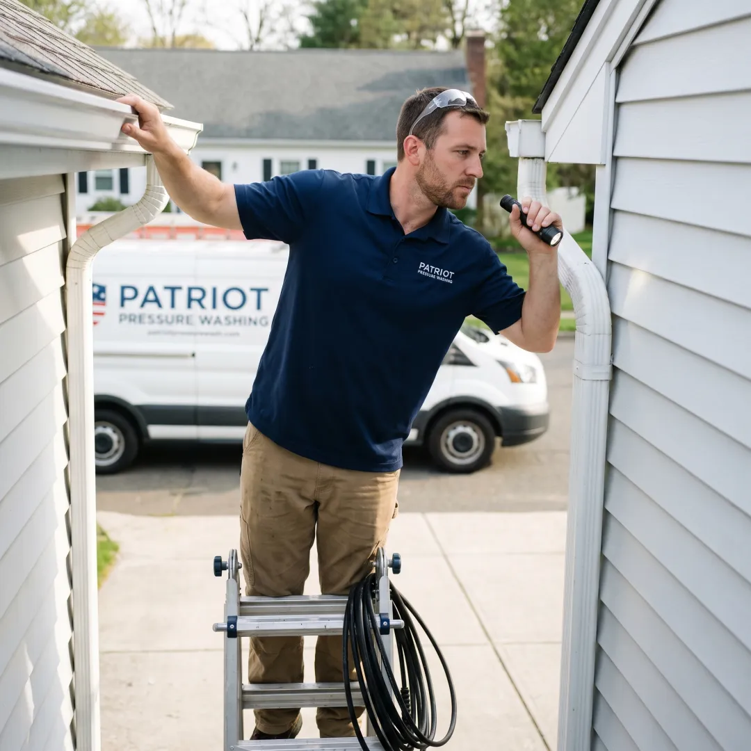 Exterior cleaning technician inspecting gutters
