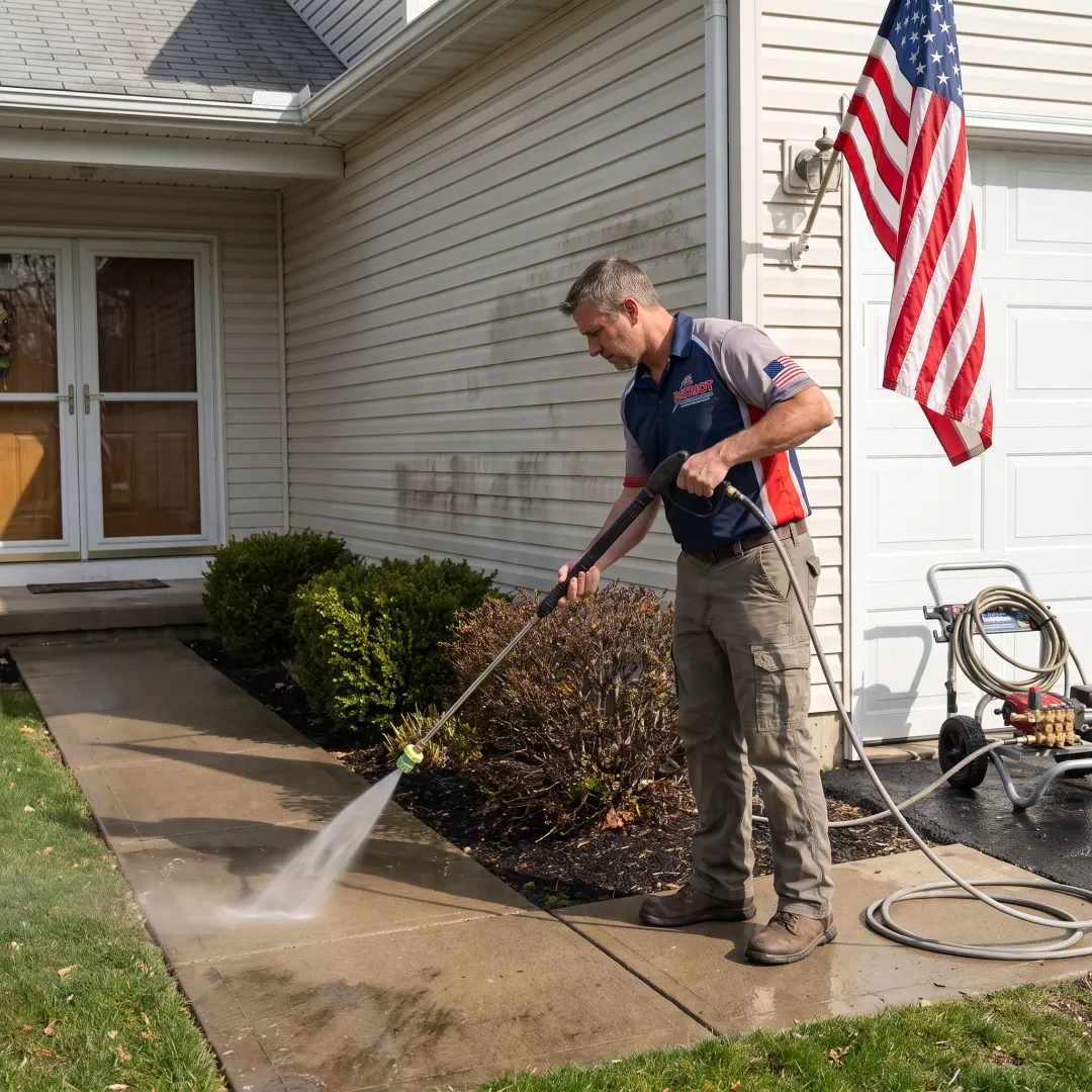 Exterior cleaning technician treating siding