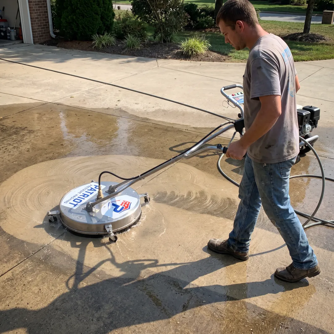 Exterior cleaner washing a concrete driveway