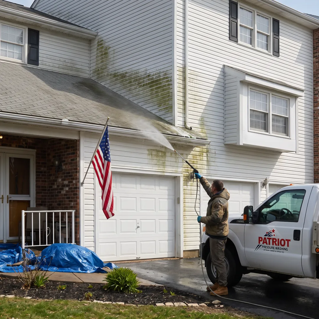 Exterior cleaning technician washing home siding