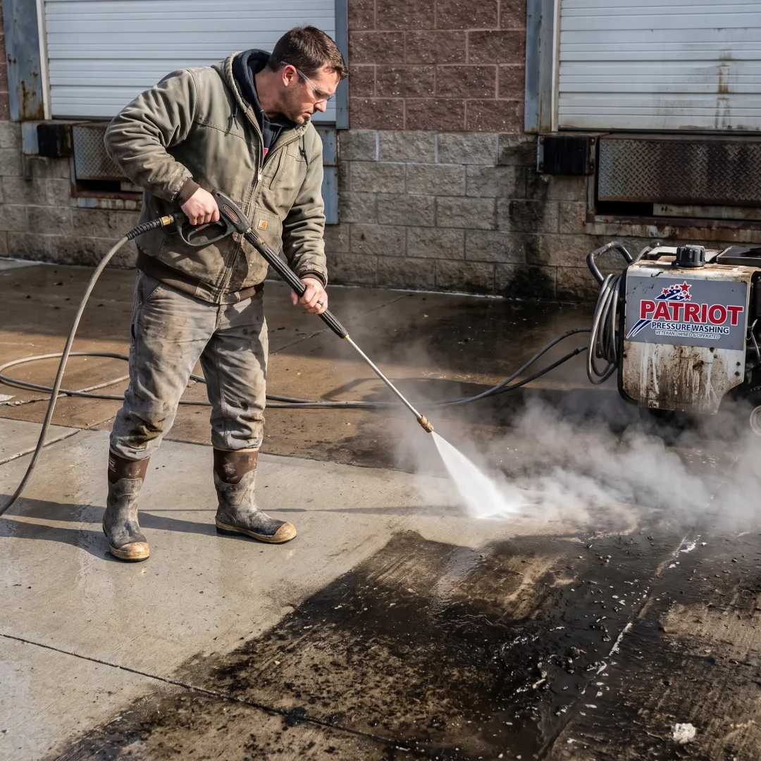 Heated power washing on commercial concrete