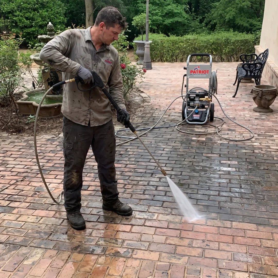 Technician cleaning a stained concrete driveway