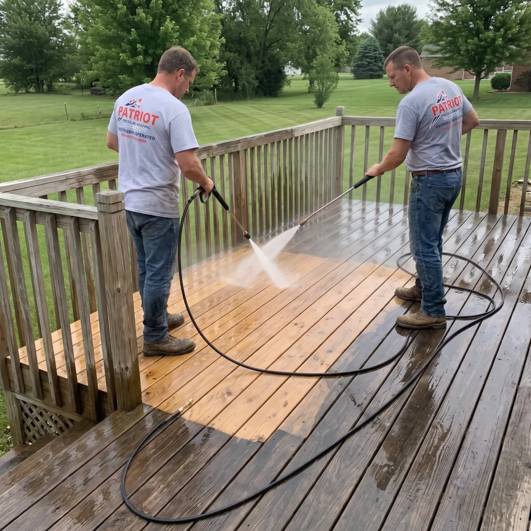 Technician cleaning composite deck boards