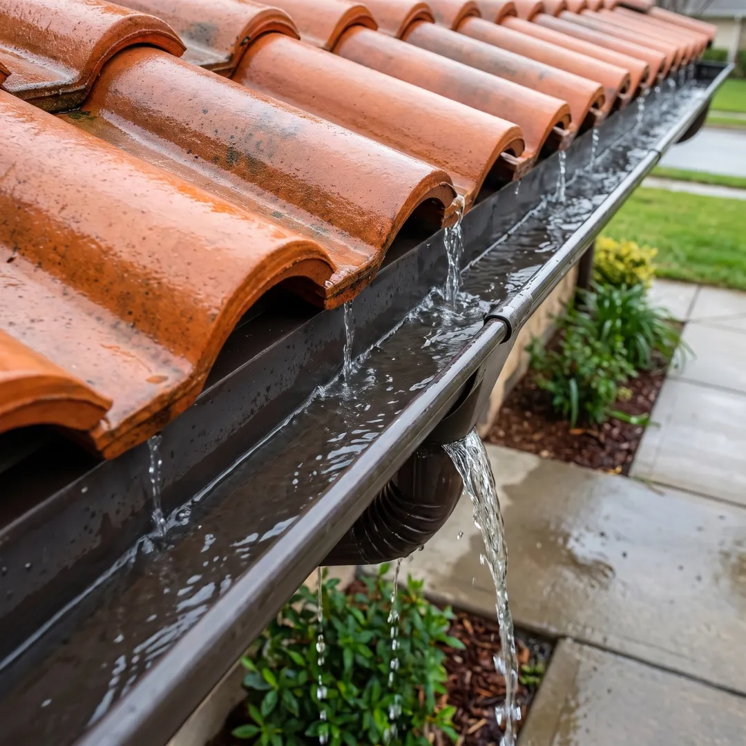 Clean gutters directing water through a downspout
