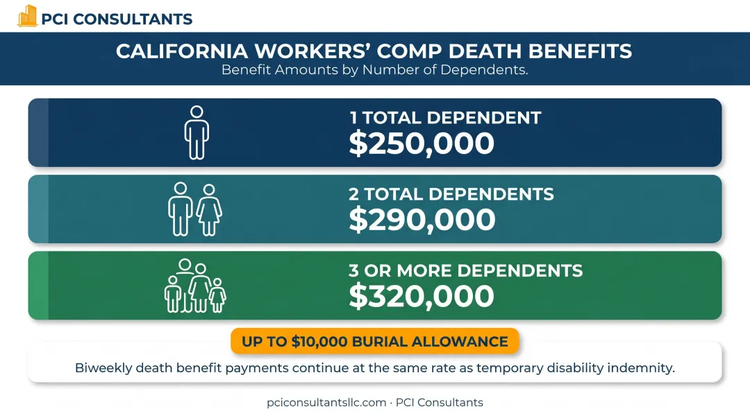 California workers compensation death benefits breakdown by number of dependents infographic