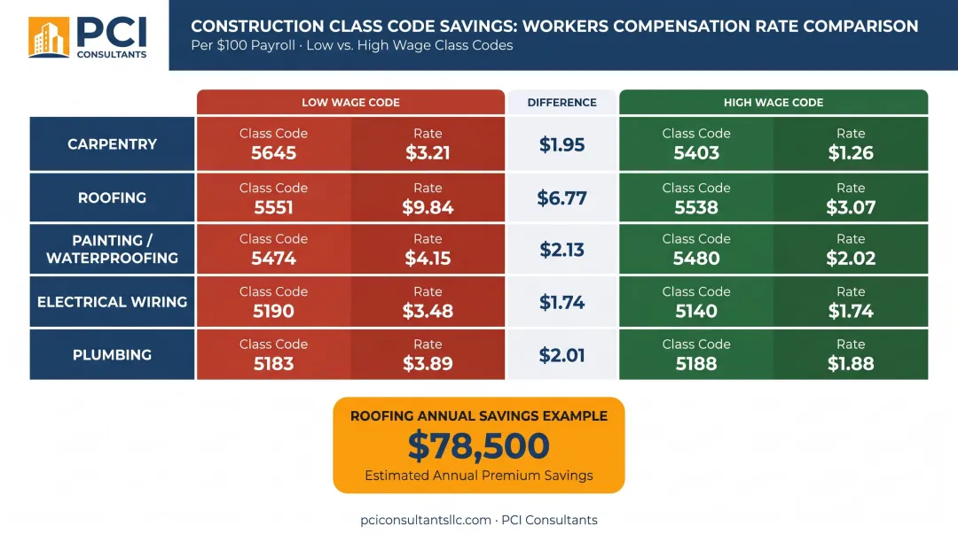 Workers comp rate comparison high wage versus low wage construction codes table