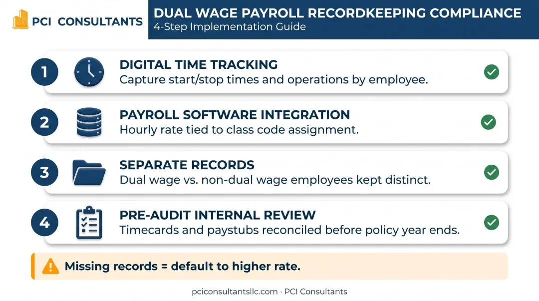 Four-step workers comp audit recordkeeping checklist for dual wage classification compliance