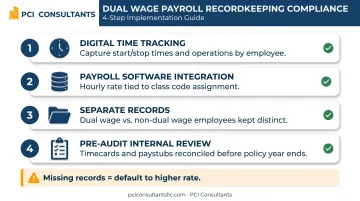 Four-step workers comp audit recordkeeping checklist for dual wage classification compliance