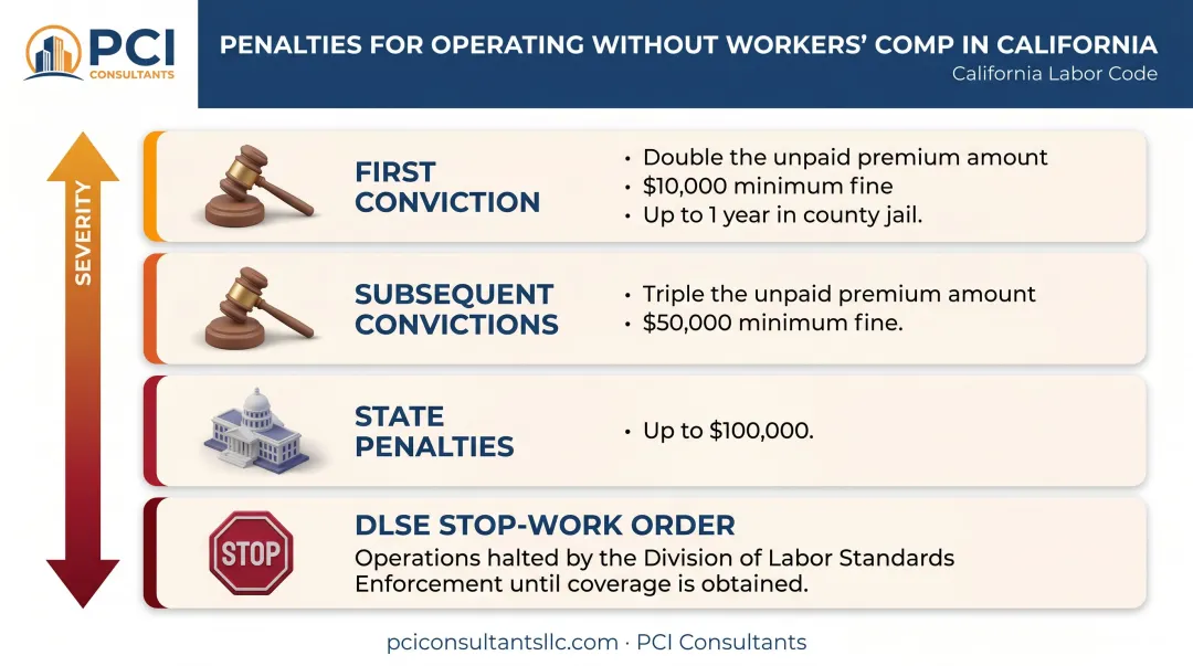 California workers' comp non-compliance penalty tiers and criminal consequences chart