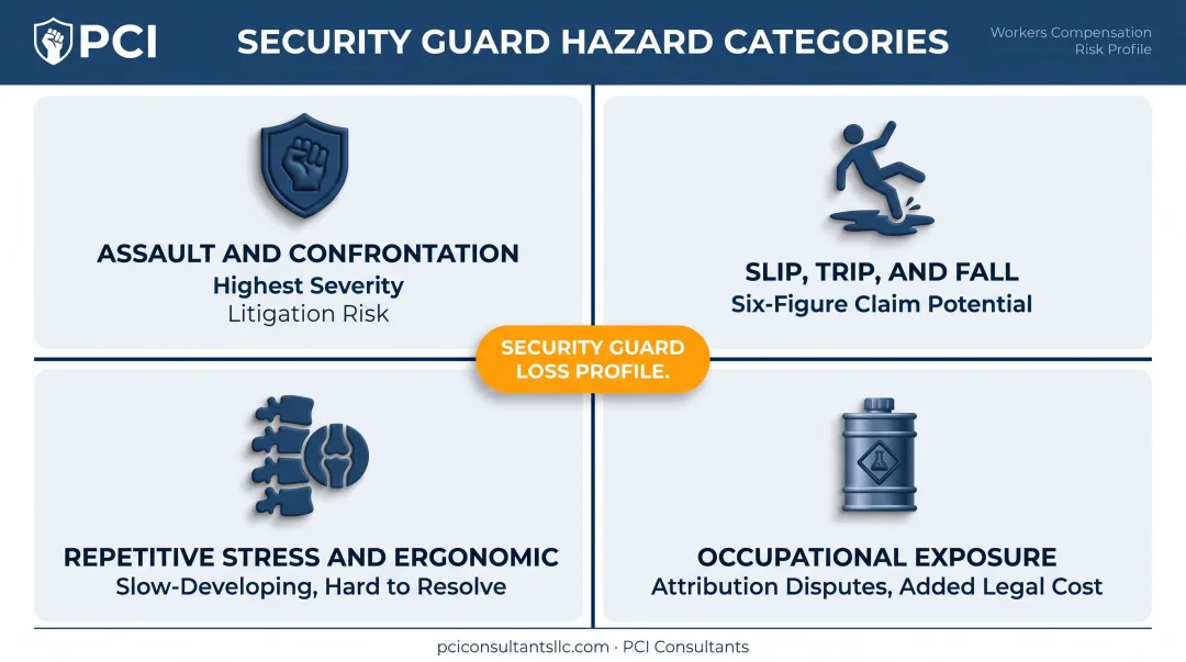 Four security guard workplace hazard categories driving workers' comp claim severity