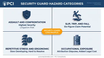 Four security guard workplace hazard categories driving workers' comp claim severity