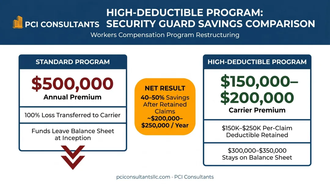 High-deductible workers' comp program structure showing premium reduction from 500K to 200K