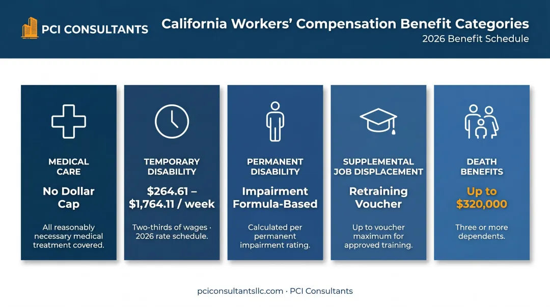 California workers' comp benefit types for injured security guards overview table infographic