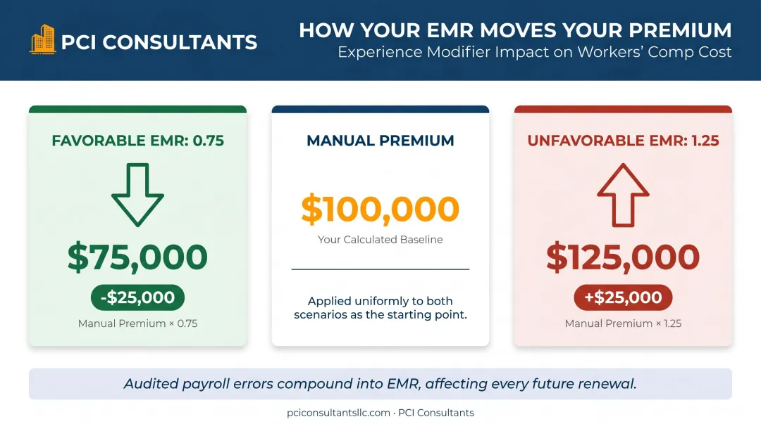 Experience modifier comparison showing 0.75 versus 1.25 EMR premium impact