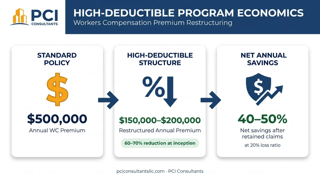 High-deductible workers comp program premium savings breakdown showing 40 to 70 percent reduction