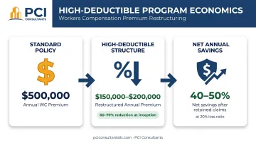 High-deductible workers comp program premium savings breakdown showing 40 to 70 percent reduction