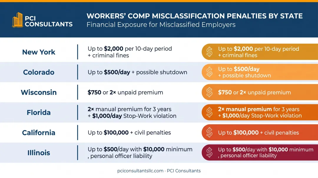 Workers compensation misclassification penalty amounts by state comparison chart