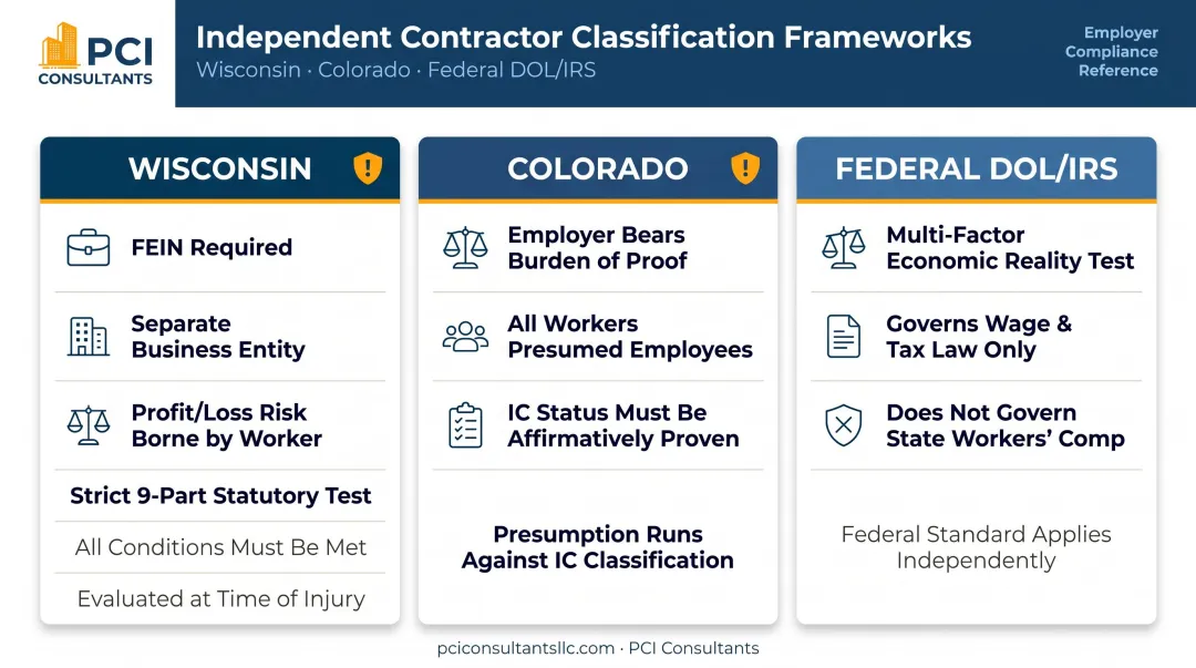 State workers compensation independent contractor classification test comparison infographic