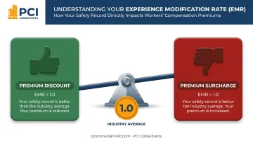 Infographic explaining the Experience Modification Rate (EMR) scale for insurance premiums