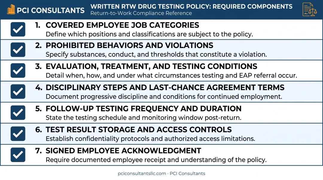Seven required components of a written return-to-work drug testing policy
