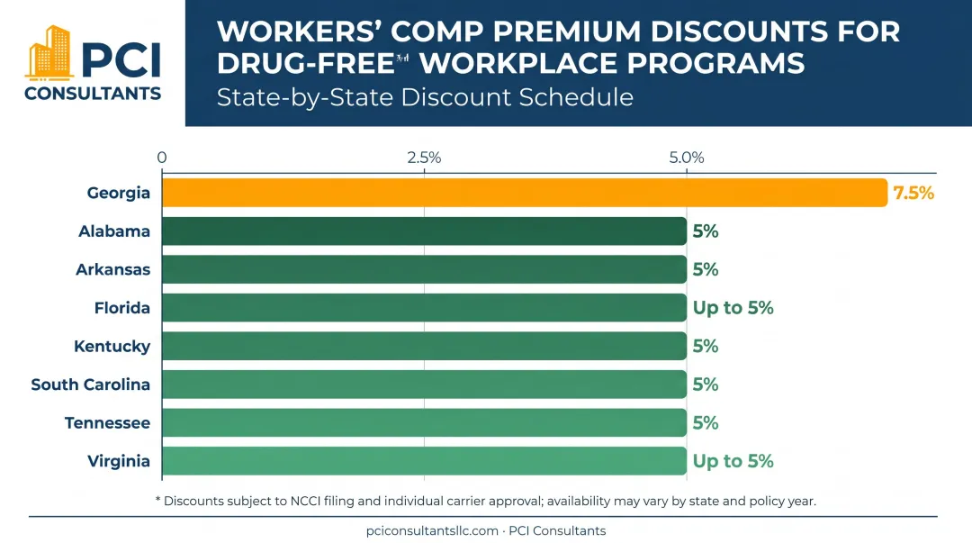 State workers compensation premium discounts for certified drug-free workplace programs by state