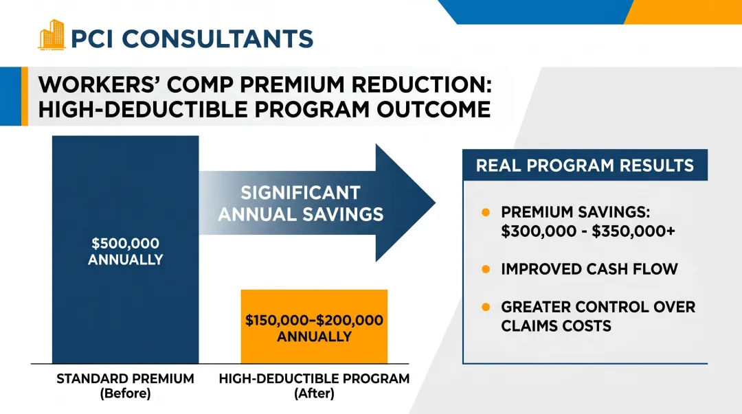 High-deductible workers compensation program savings comparison showing premium reduction results