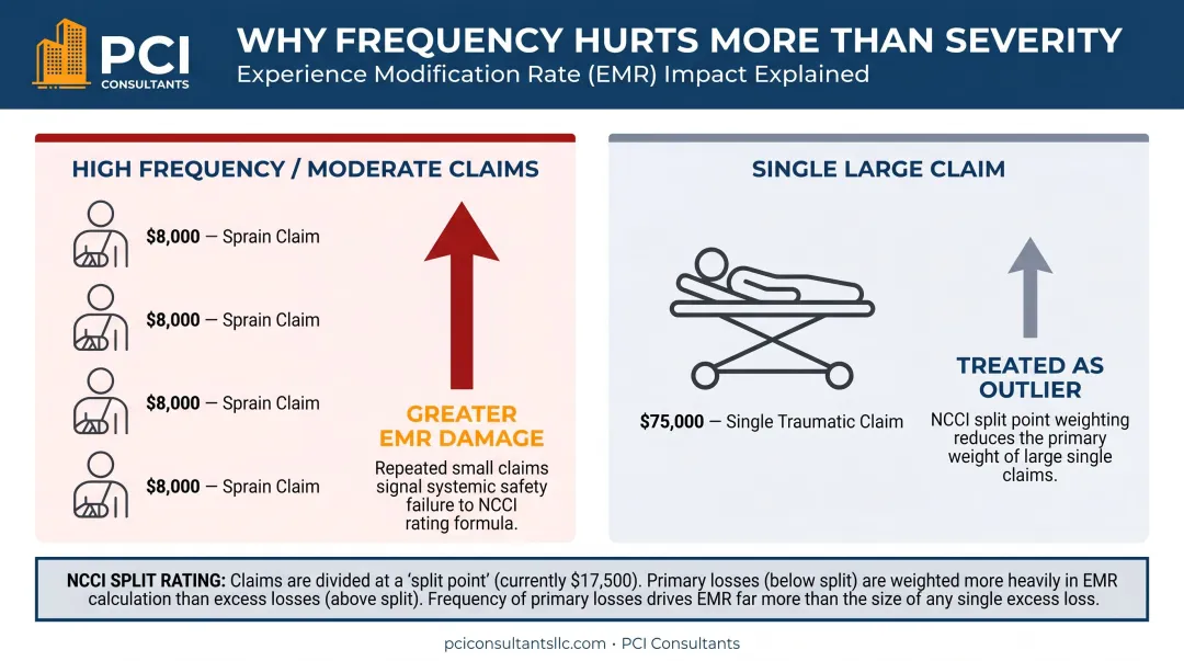 Claim frequency versus claim severity EMR impact comparison infographic for warehouses