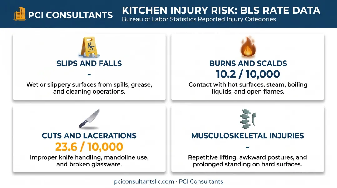 Top four kitchen injury types with injury rates per 10000 workers