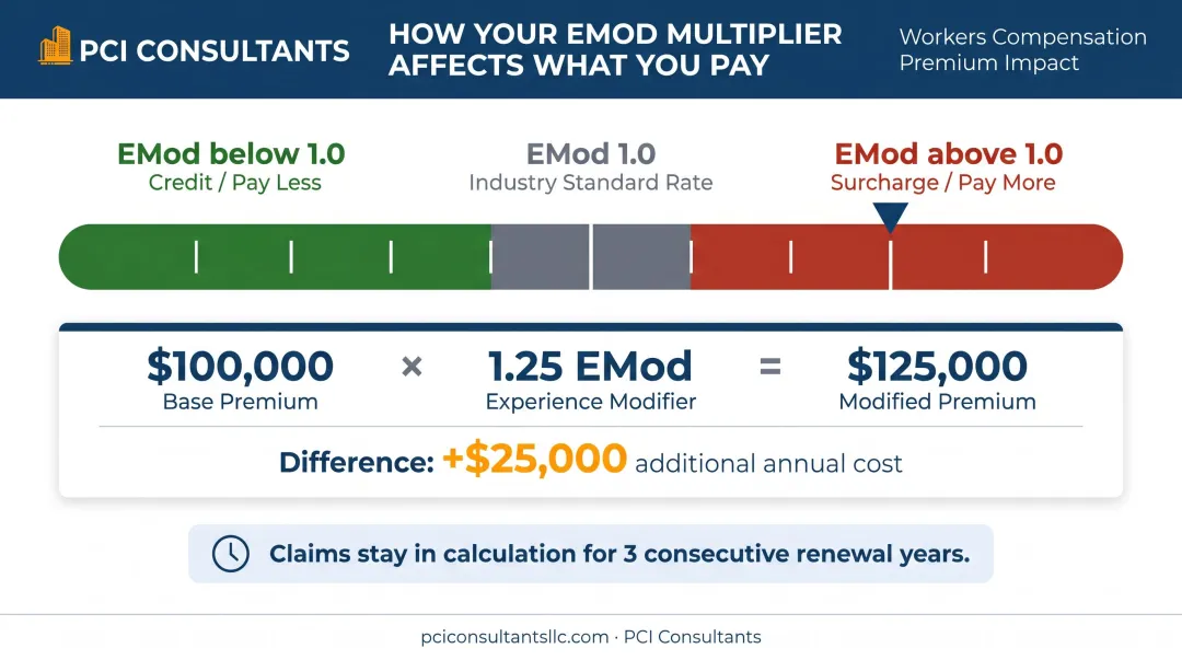 EMod multiplier scale showing how claims history raises or lowers workers comp premiums