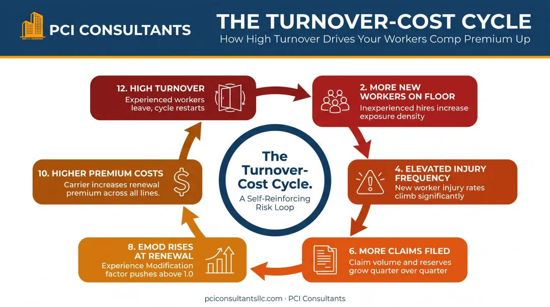 High turnover to rising EMod premium cost cycle illustrated as a closed loop diagram